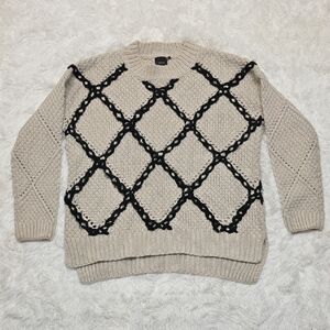 Cliche Cozy Beige Sweater with Black Diamond Pattern. Size L